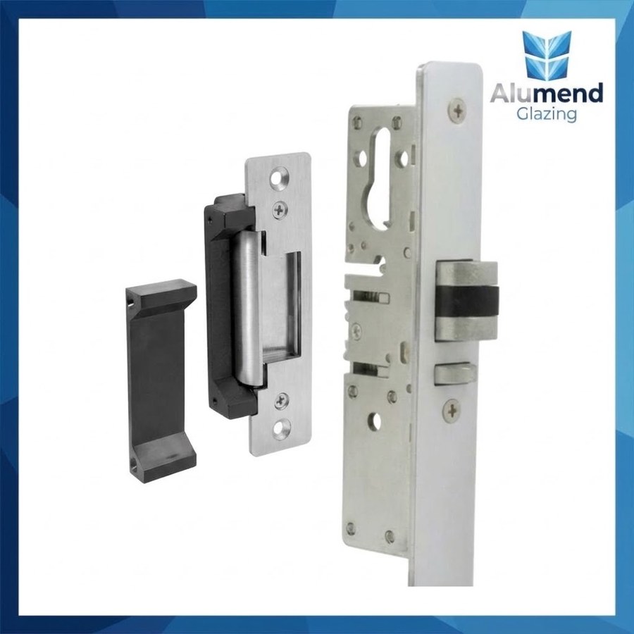 ANSI electric strike with stainless faceplate, black extension lip and euro profile deadlatch