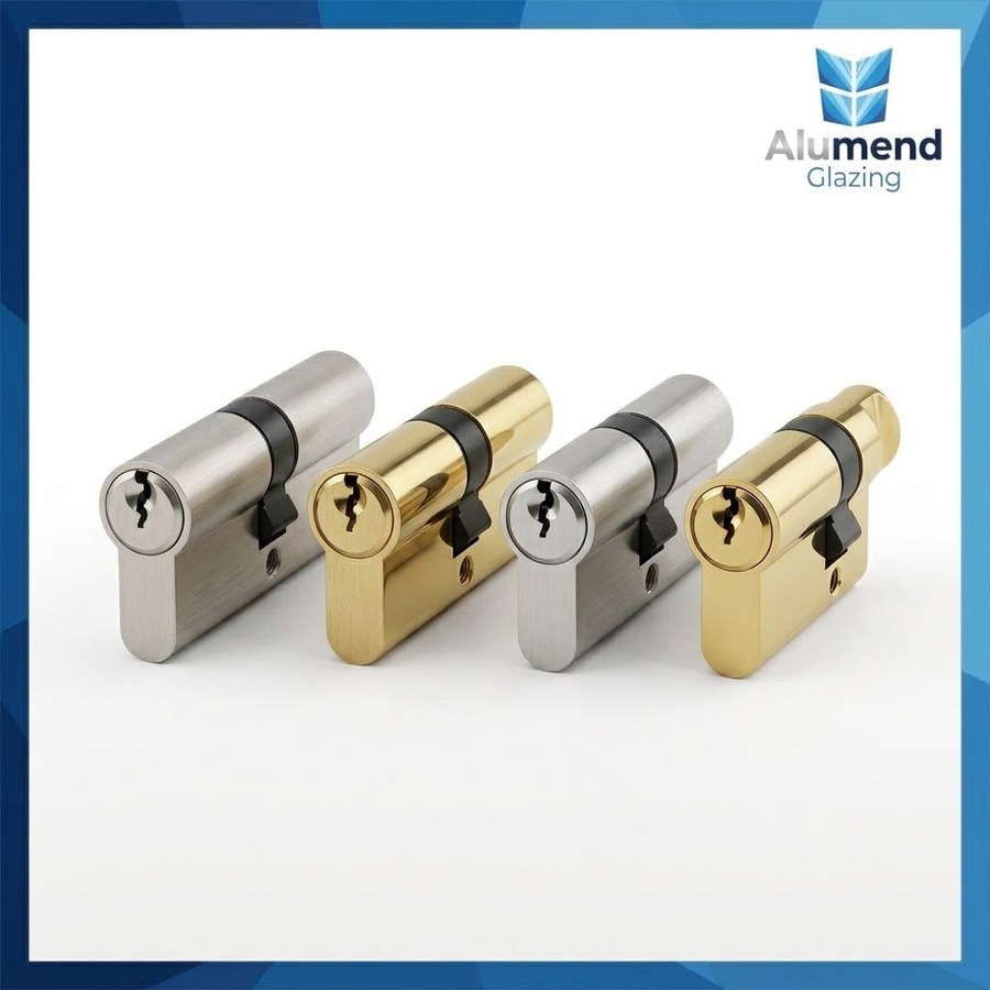 Euro profile cylinders in satin nickel and polished brass, double and key and thumbturn