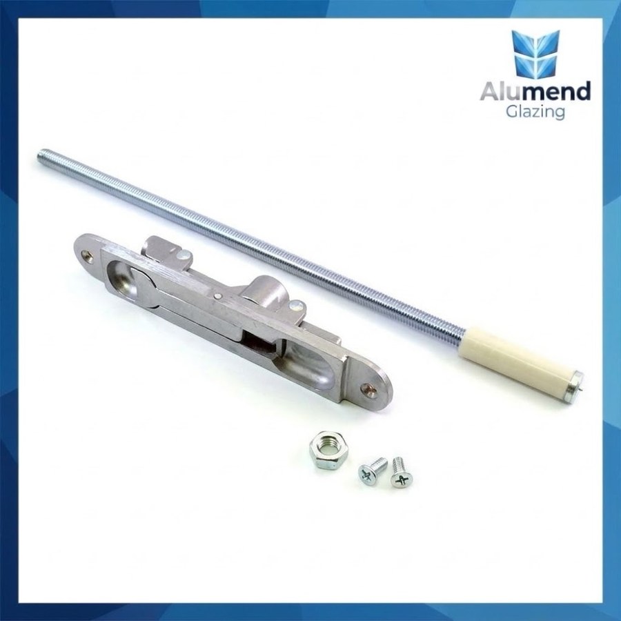 Single flush bolt with threaded extension rod, nylon guide, nut and fixing screws